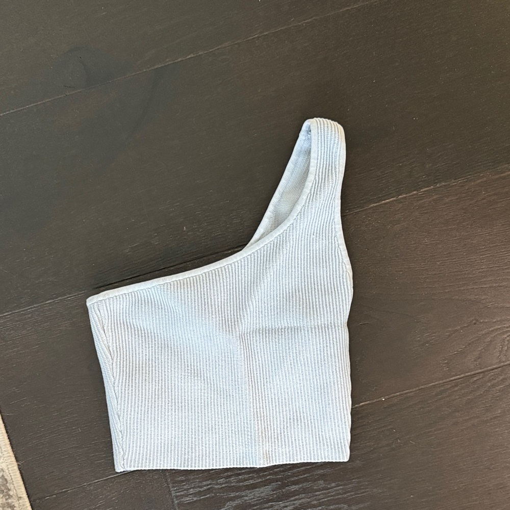 Babaton Light Blue One-Shoulder Ribbed Crop Top